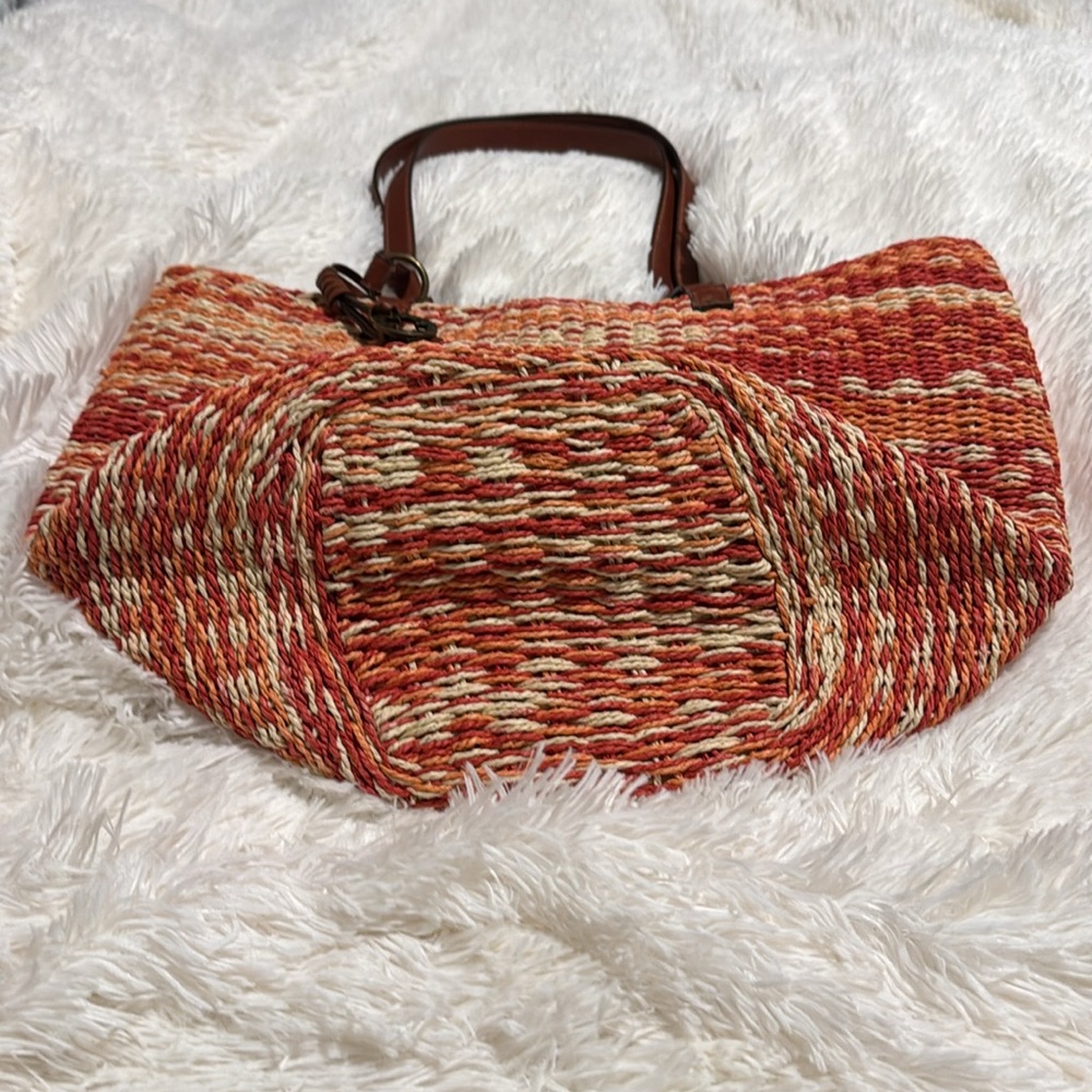 Lucky Brand ๐ Red, Orange, & Tan Woven Straw Tote Bag w/ Brown Handles Nโฆ - Picture 12 of 16
